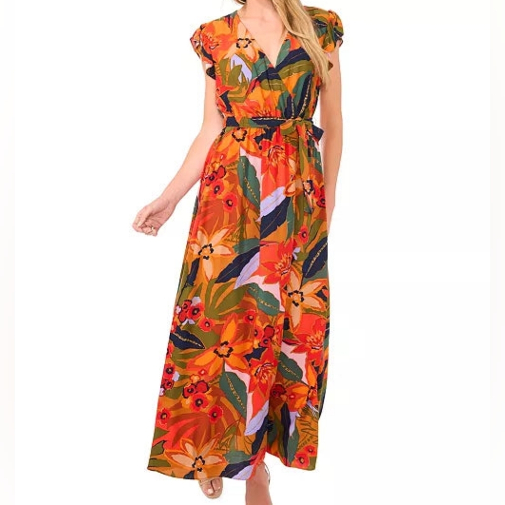NWT, Floral Orange Maxi Dress By CeCe. Sz M #B69